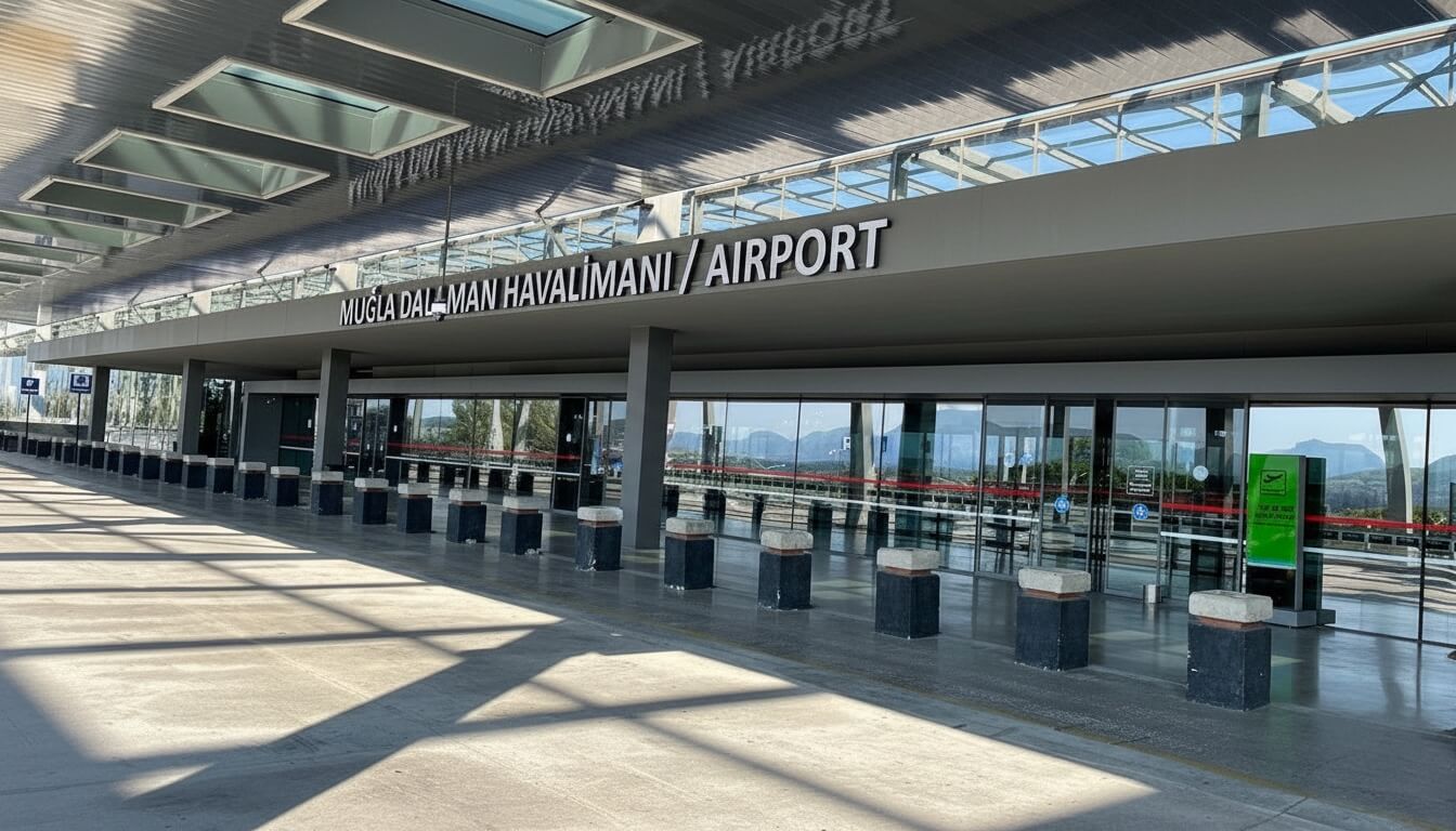 Dalaman Airport exterior in Turkey with rental cars outside the terminal